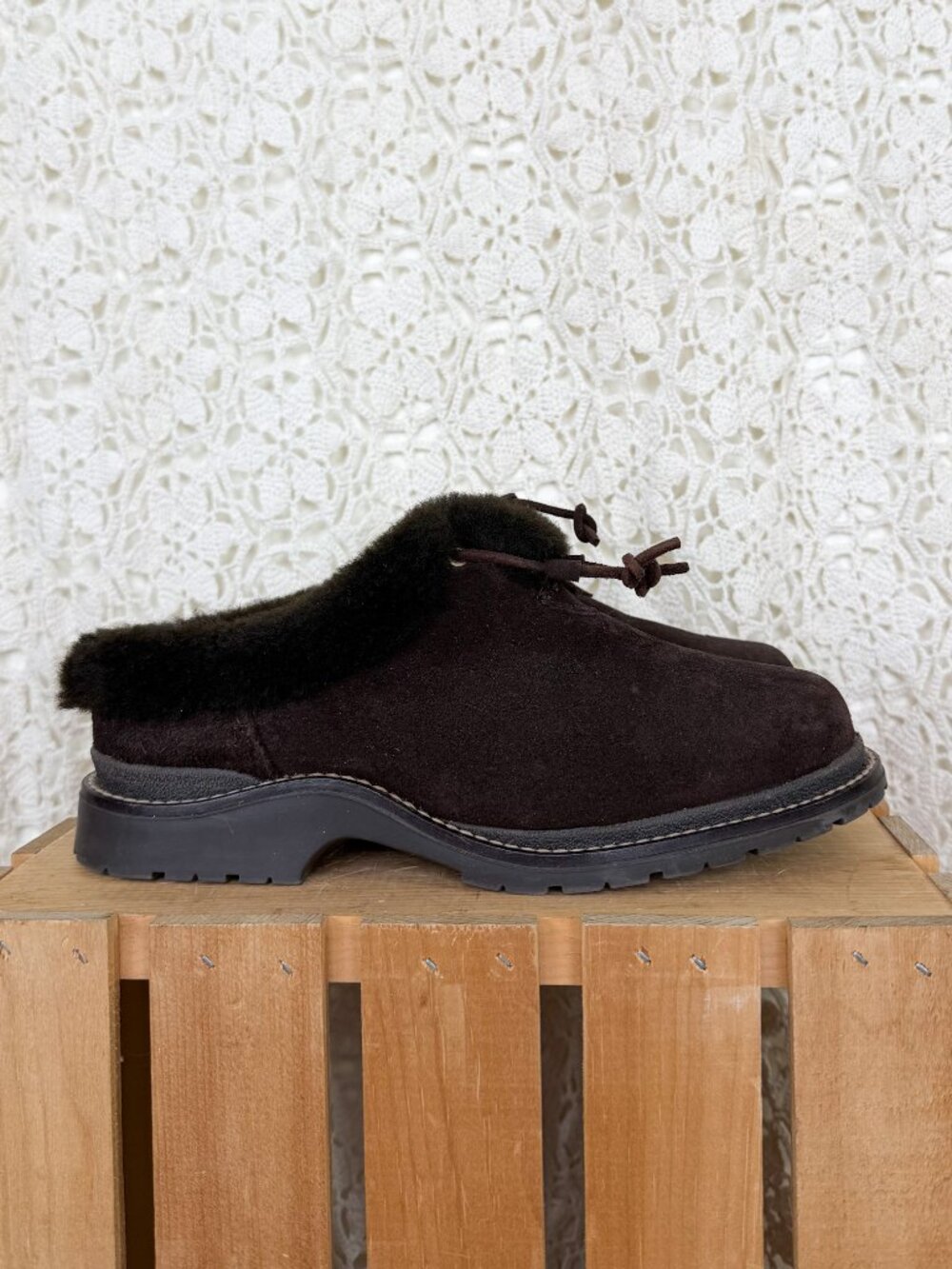LL Bean Dark Brown Suede Shearling Sheepskin Chunky Clogs Women's Size 7.5